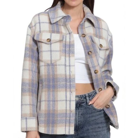 AVEC LES FILLES Plaid Shacket Fleece Jacket in‎ Lavender Purple & Cream, Small - Picture 1 of 13